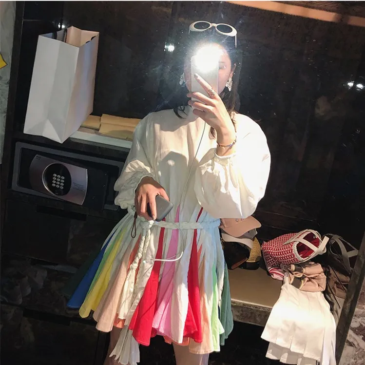 WHITNEY WANG 2019 весна лето мода уличная цвета контрастная Радуга оборки русалка мини