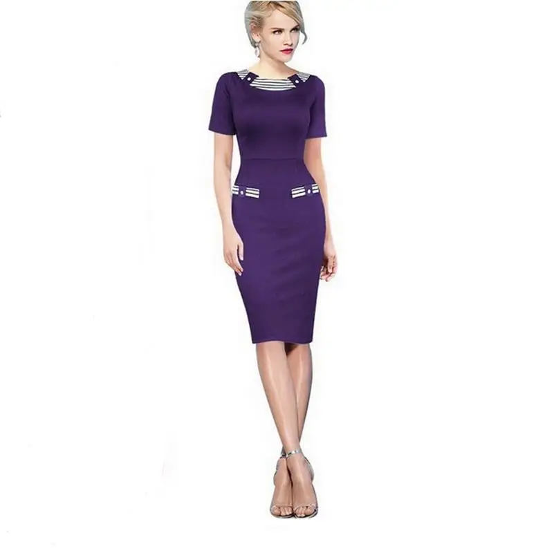 

Платье-Карандаш фиолетового, зеленого, синего цвета с коротким рукавом и о-вырезом в полоску