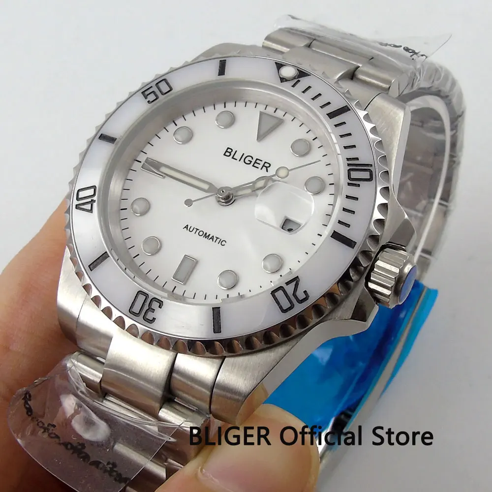 

Dress Sapphire Glass BLIGER 43MM White Dial Ceramic Bezel Luminous Marks Stainless Steel Case Automatic Movement Men's Watches