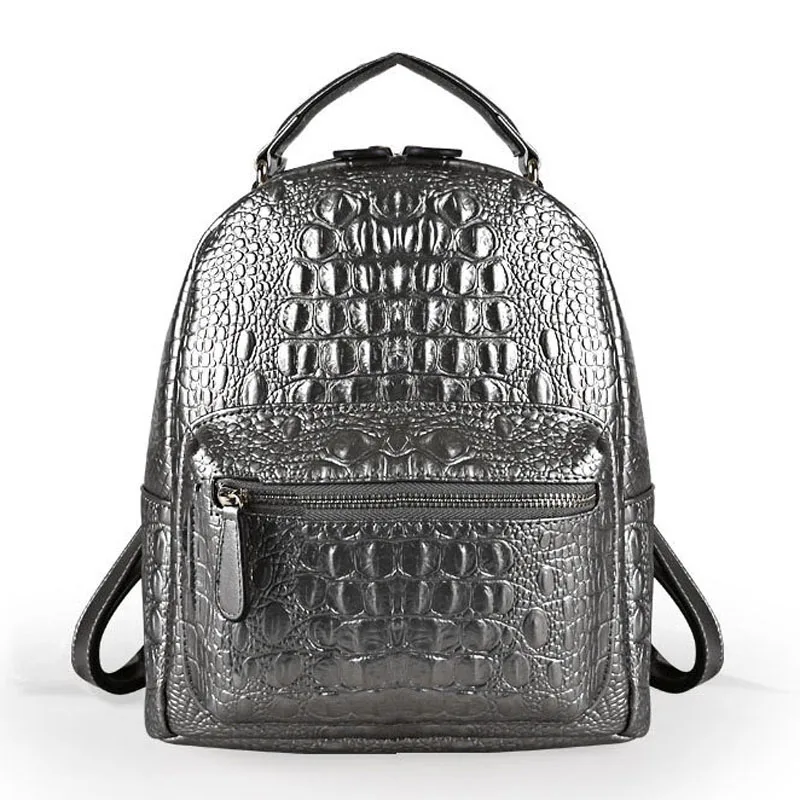 Ancient Silver ZENCY, классический модный рюкзак с узором «крокодиловая кожа», женский рюкзак из натуральной кожи, второй слой из воловьей кожи, школьные сумки для книг - Цвет: Ancient Silver