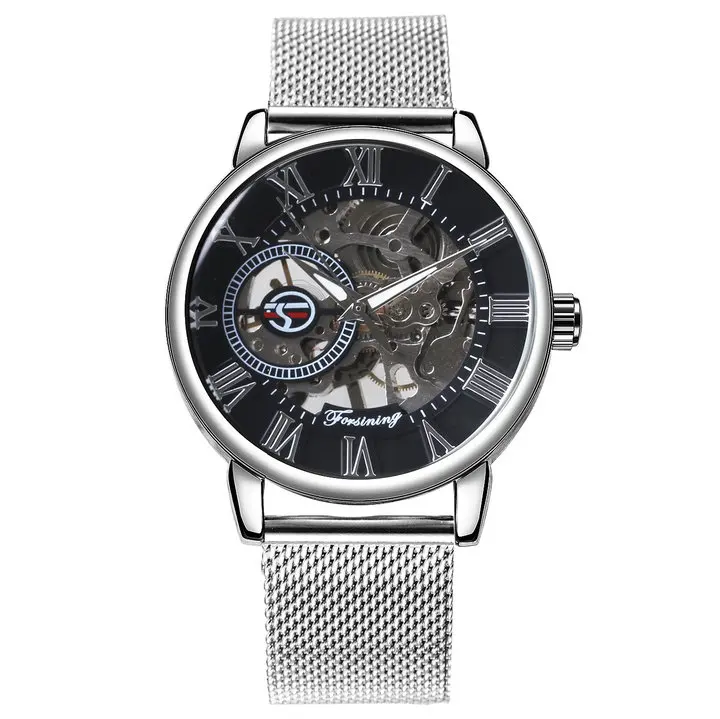 SILVER-BLACK FORSINING платье модные механические часы для мужчин сетчатый ремешок римские цифры Скелет циферблат Лидирующий бренд роскошные золотые наручные часы для мужчин - Цвет: SILVER-BLACK