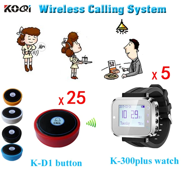 

Wireless Table Call Service System With 25 Buttons and 5 Wrist Watches Pager