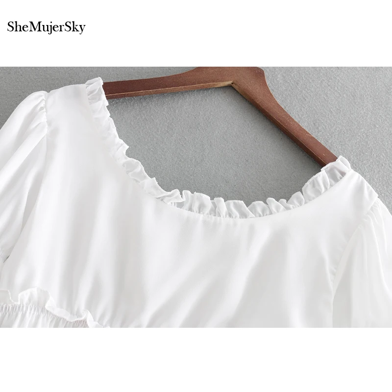 Женская короткая шифоновая блузка SheMujerSky белая с оборками и коротким рукавом