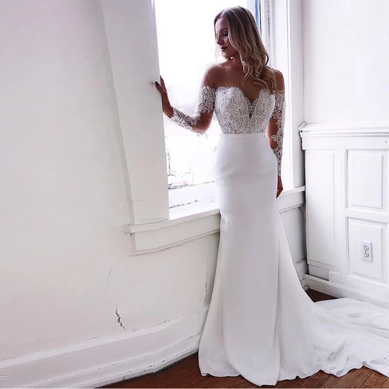 Платье свадебное с юбкой годе длинным рукавом и круглым вырезом|Свадебные