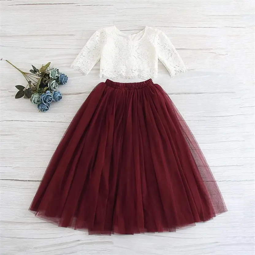 plum red Розничная, коллекция года, весенне-летний комплект одежды для девочек, кружевной топ с короткими рукавами+ розовая длинная юбка цвета шампанского детская одежда От 2 до 11 лет, E17121 - Цвет: plum red