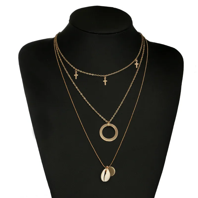 

Multi-Layer Beach Seashell Round Circle Cross Pendant Necklace Gold Color Chain Necklace For Female Party Gift