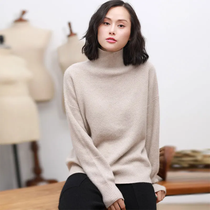 Женский свитер-пуловер с высоким воротником 100% чистый кашемир длинными рукавами
