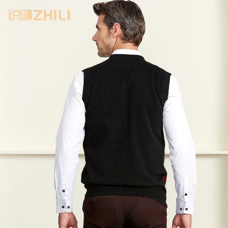 High Quality 100% Cashmere Mens V Neck Sleeveless Argyle Sweater Vest 2018 New Fashion | Мужская одежда
