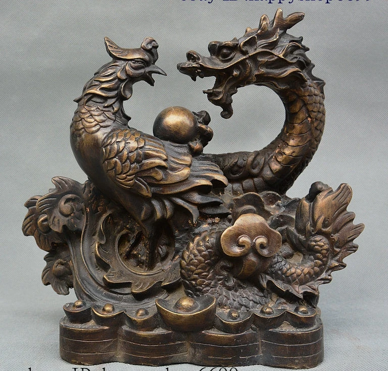

China Folk Bronze Pure Copper Fengshui Wealth Dragon Phoenix Yuanbao Coin Statue