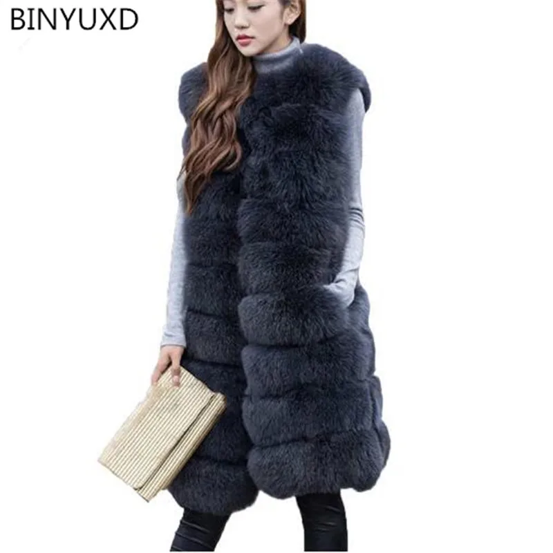 BINYUXD 2018 Новый средней длины искусственный Лисий мех жилет женская зимняя мода из