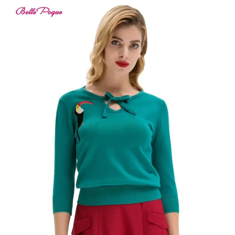 Женский свитер Belle Poque винтажный пуловер в ретро стиле с рукавом 3/4 и вырезом
