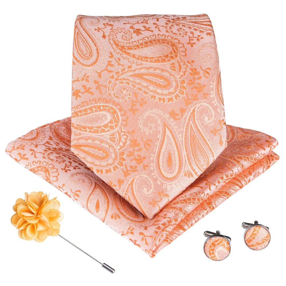 

Fashion Men's 100% Silk Tie Pocket Square Set Orange Paisley Neckties Wedding Business Neck Ties 8.5CM Handkerchief 23CM MJ-586