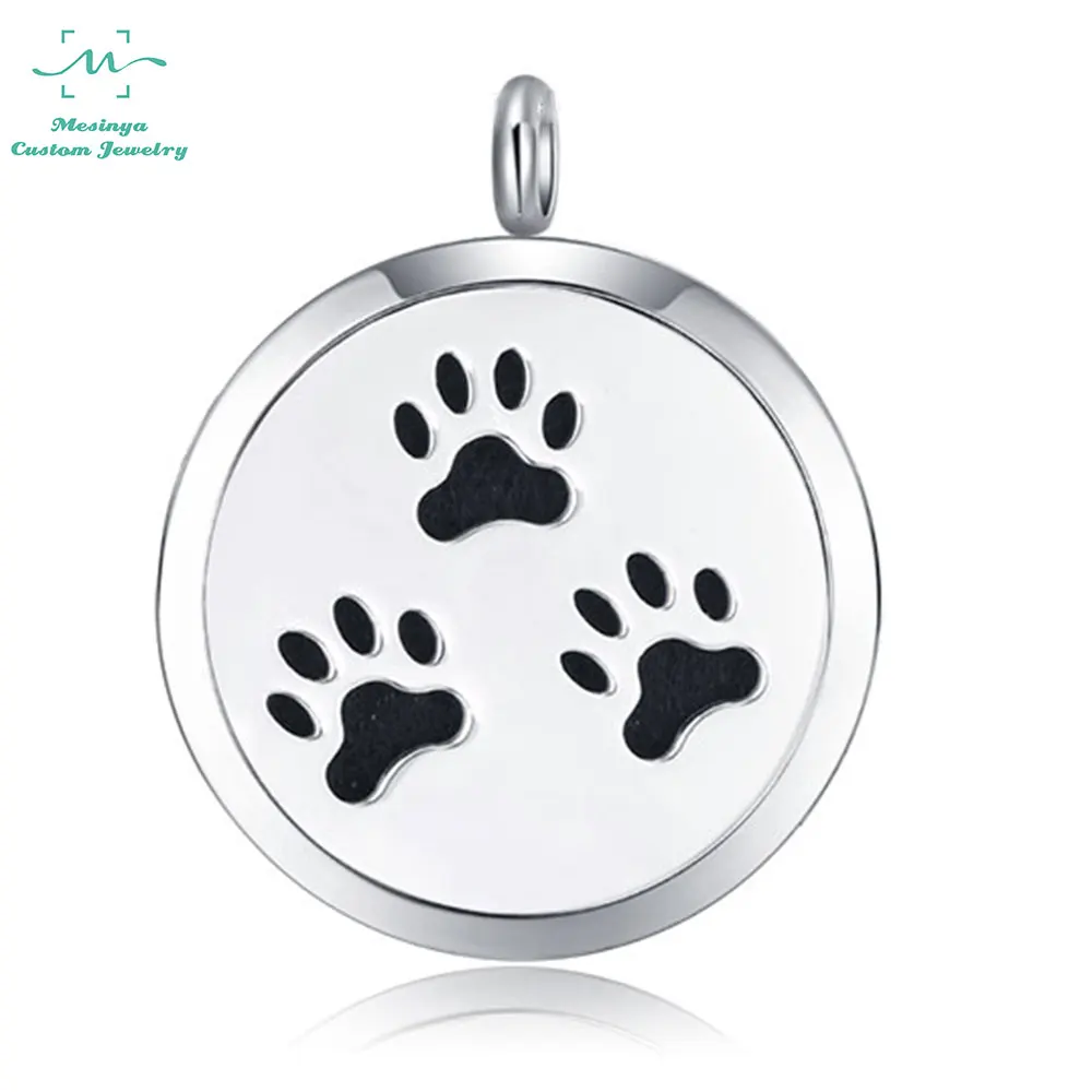 

10pcs silver color newest pet dog paw (30mm)Aromatherapy / Essential Oils surgical 316L S.Steel Perfume Diffuser Necklace