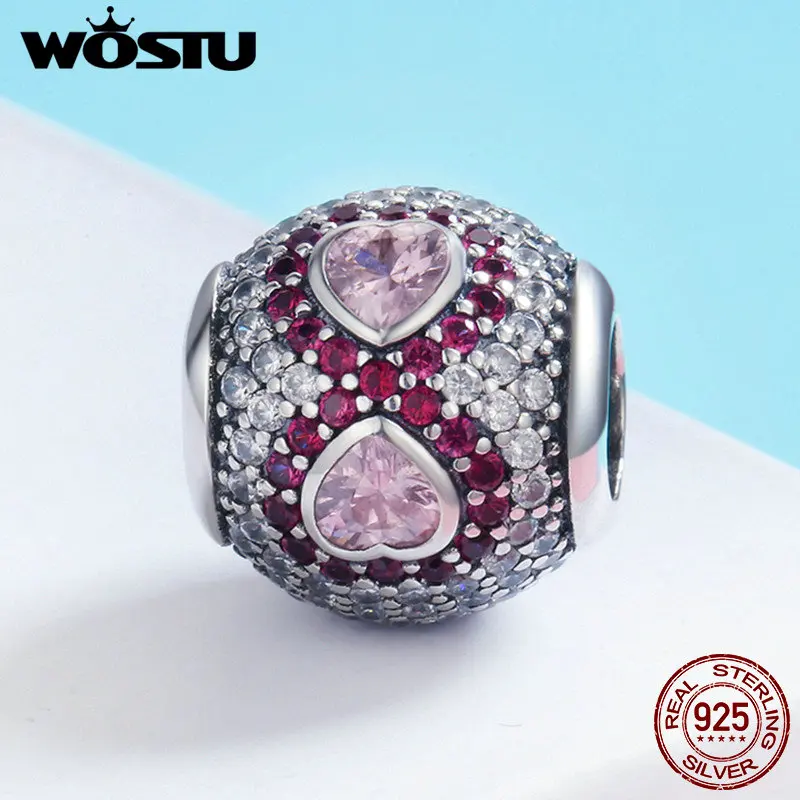 WOSTU, высокое качество, 925 пробы, серебро, бесконечность, любовь, розовое сердце, CZ бусины, подходят к оригинальному Шарму, браслет, ювелирное изделие, подарок, FIC582
