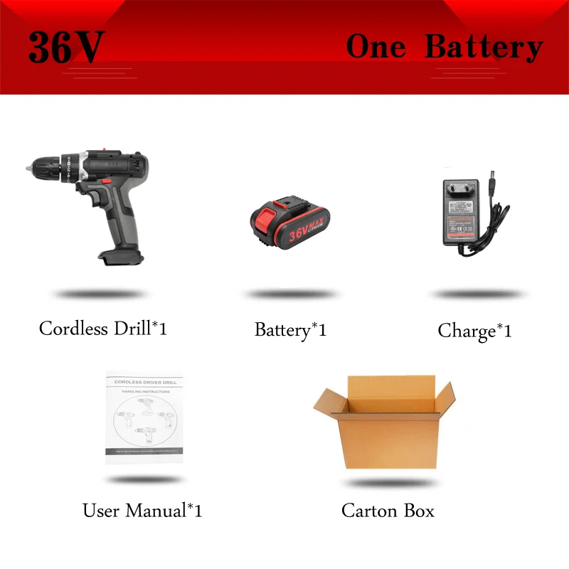 One Battery Многофункциональная электрическая шуруповерт беспроводная дрель-шуруповерт Ударная дрель 36 вольт постоянного тока литий-ионный аккумулятор 10 мм - Цвет: One Battery