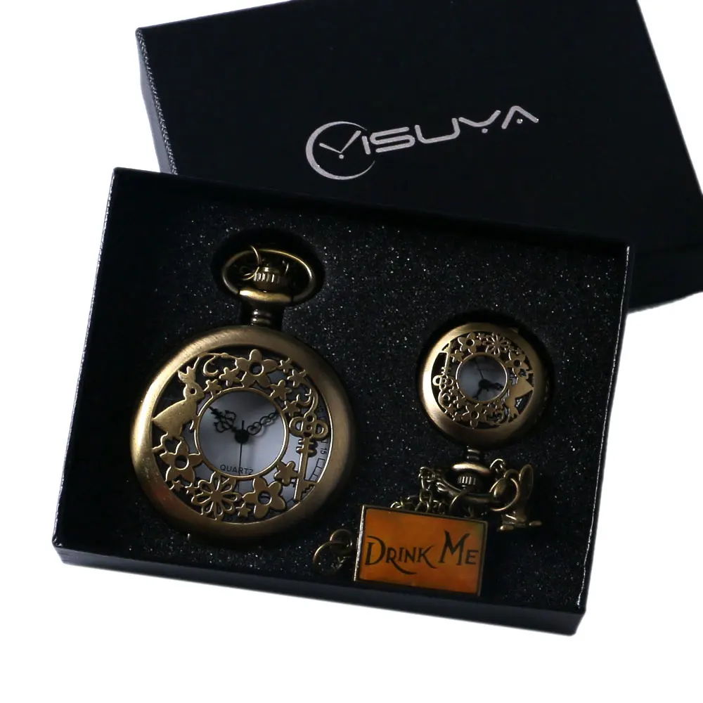 Antique Mini Hollow Quartz Pocket Watch Set Digital Dial Pendant Necklace Chain Gift Box For Women Mens Best Gifts Present