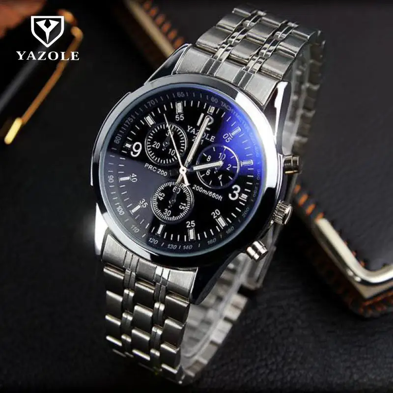 Часы YAZOLE мужские спортивные полностью стальные белые черные Синие лучи