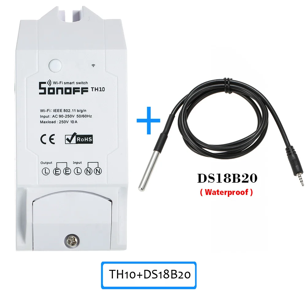 TH10 With DS18B20 Sonoff TH10 Wi-Fi Smart Switch 10A 2200 Вт беспроводной переключатель модули для автоматизации умного дома с датчиком температуры и влажности монитор - Комплект: TH10 With DS18B20