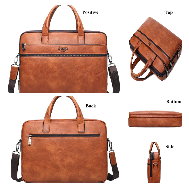 JEEP BULUO Brand Man's Business Briefcase Bag 2pcs/set Split Leather Shoulder Bag Men office Bags For 14 inch Laptop A4 Causel
