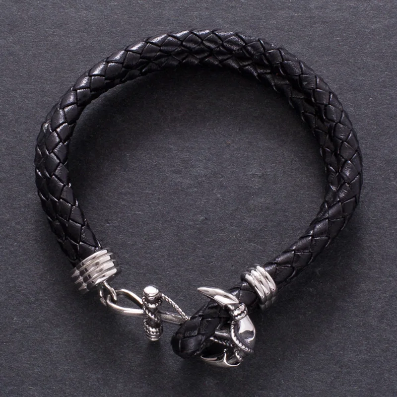 Trendy Male Jewelry Punk Black Braided Leather Bracelet Men Anchor Stainless Steel Clasp Bangles Man Bracalete PW765 | Украшения и