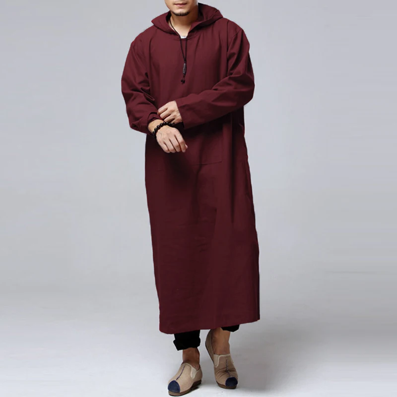 Wine Red INCERUN Ретро китайские мужские толстовки Халат длинный рукав хлопок Полная длина исламский арабский кафтан Одежда Мусульманский костюм этнический - Цвет: Wine Red