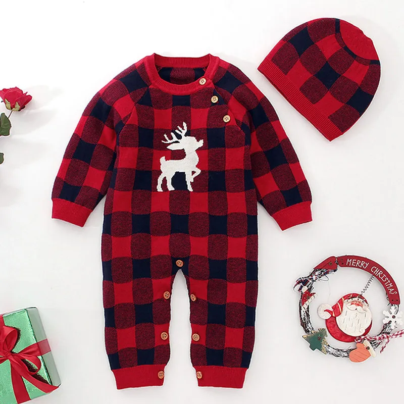 Red plaid IYEAL/осенний Вязаный комбинезон в клетку для новорожденных, Комбинезоны из хлопка, Вязаный комбинезон для маленьких мальчиков и девочек, Рождественская детская одежда - Цвет: Red plaid