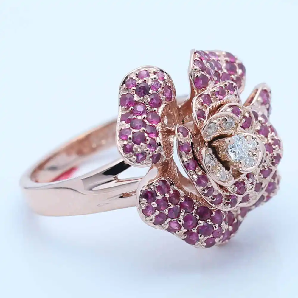 Цельное обручальное кольцо 14 к из розового золота 1.4ct с натуральными бриллиантами и Рубином для женщин, романтическое обручальное кольцо с цветами, хорошее ювелирное изделие
