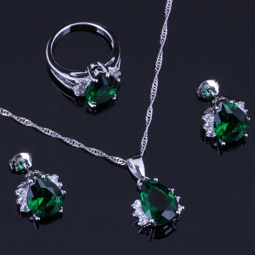 

Marvelous Green Cubic Zirconia White CZ Silver Plated Jewelry Sets Earrings Pendant Chain Ring V0323
