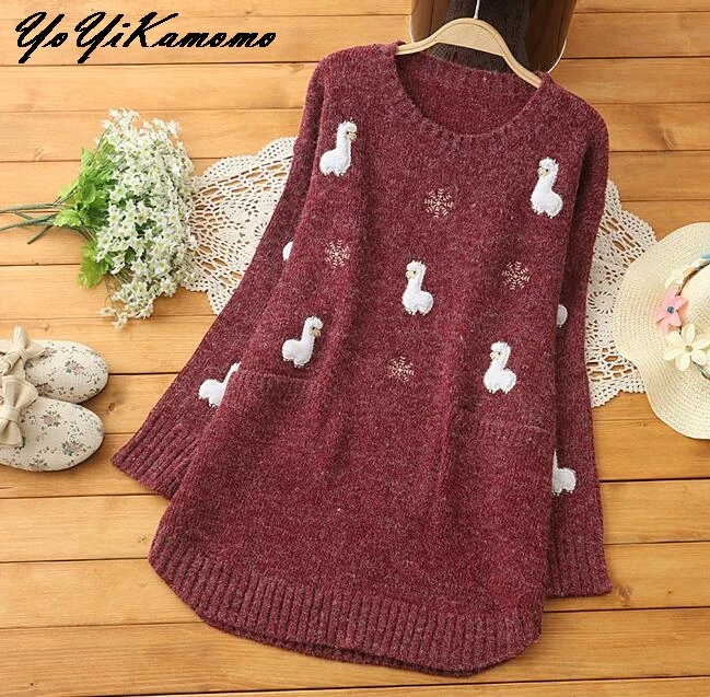 YoYiKamomo Winter Sweater Women 2018 New Japanese Mori Girl Long-sleeved Pregnant Embroidery Pullovers Knit Loose Tops | Женская одежда