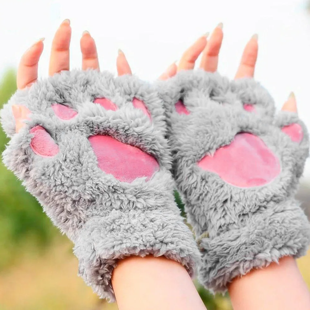 Warmth Fingerless Plush Gloves Fluffy Bearr Claw /Cat Animal Paw Soft Warm Lovely Cute Women Half Finger Covered costume Gloves