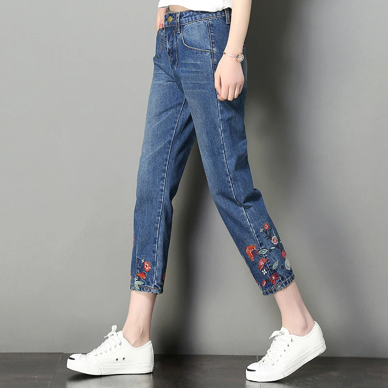 Летние новые джинсы с высокой талией и вышивкой женские штаны повседневные