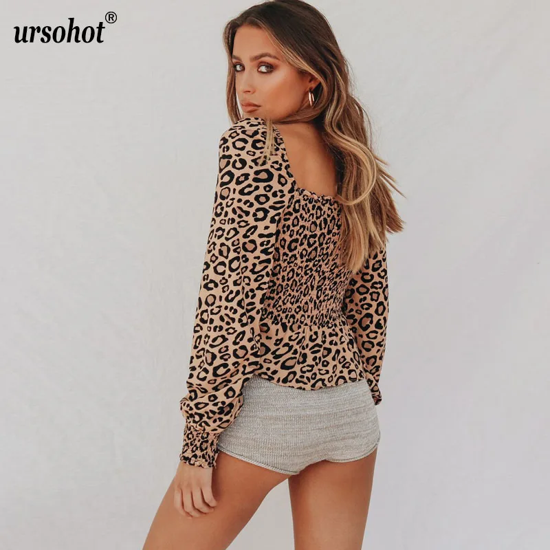 Ursohot спинки Leopard Блузка Для женщин квадратный воротник Короткие Футболка женская