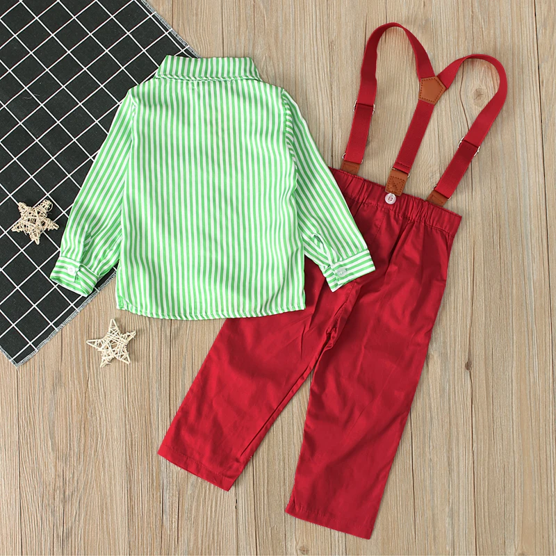 Gentleman Kid Boys Formal Suits Summer Sets Bow Tie Long Sleeve T-shirt Suspender Trouser 2Pcs Christmas Outfits 1-5Years