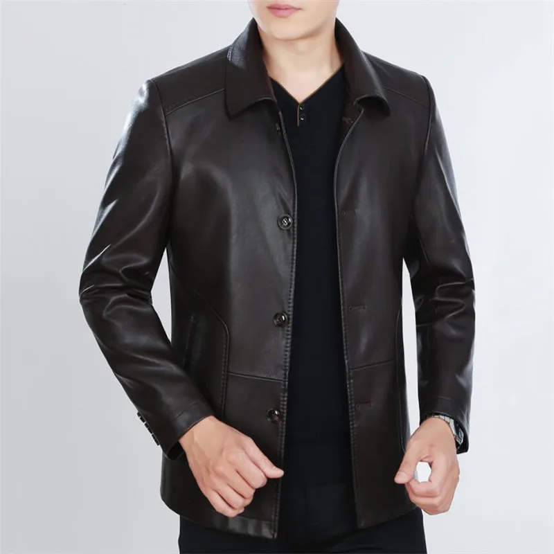 Spring Autumn Men Leather Jacket New Mens Business Casual Sheepskin Coats Plus Velvet Thick Loose Warm Male Outerwear N599