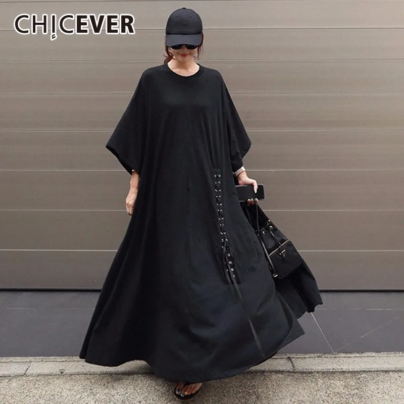 CHICEVER платья для женщин О-образный вырез три четверти рукав свободный негабаритный подол плиссированные кружева вверх летнее платье Женская мода волна