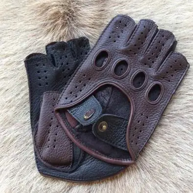 black brown Новое поступление, мужские кожаные перчатки, для вождения, без подкладки, козья кожа, варежки, для улицы, половина пальцев, перчатки без пальцев, перчатки для спортзала для мужчин - Цвет: black brown