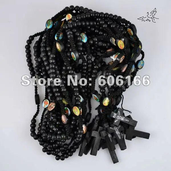 Оптовая продажа 48 шт./лот черные деревянные четки ожерелье подвеска с крестом