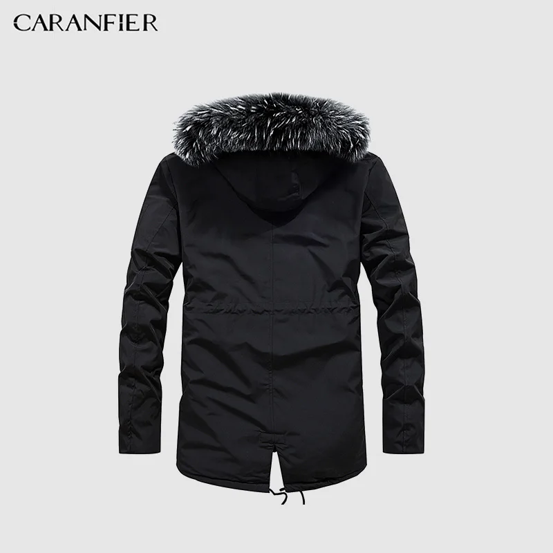 CARANFIER Зимние новые мужские парки, хлопковое пальто, длинная Молодежная Новая мужская хлопковая куртка, хлопковая куртка с капюшоном и воротником в виде гривы
