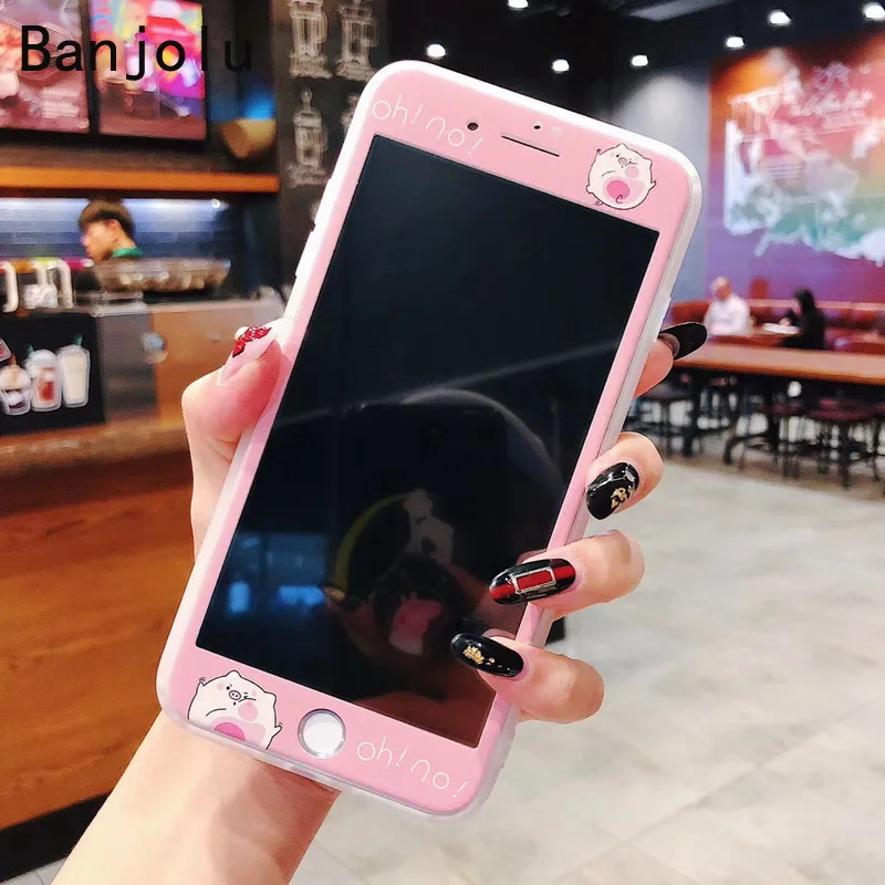 Чехол Banjolu Cute Pig Heart + Защитное стекло для экрана из закаленного стекла для телефона iPhone X XR XS MAX 8 7 6 6s Plus с мягкой задней крышкой.
