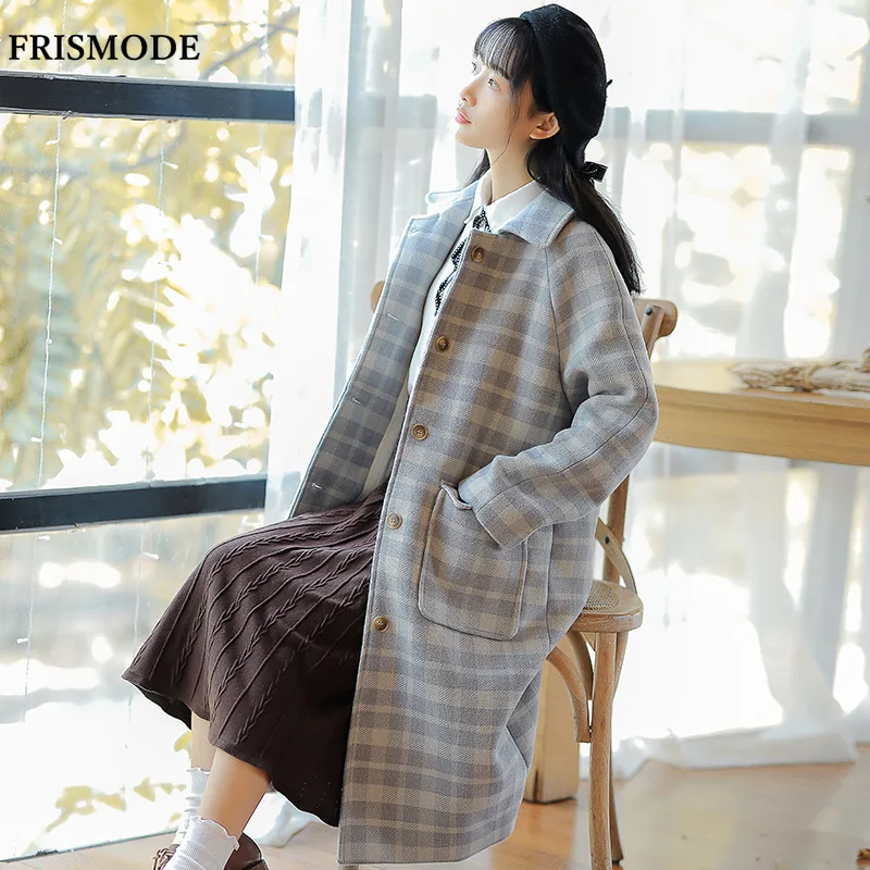 Отложной воротник длинный рукав плед однобортный Wid waisted длинное шерстяное