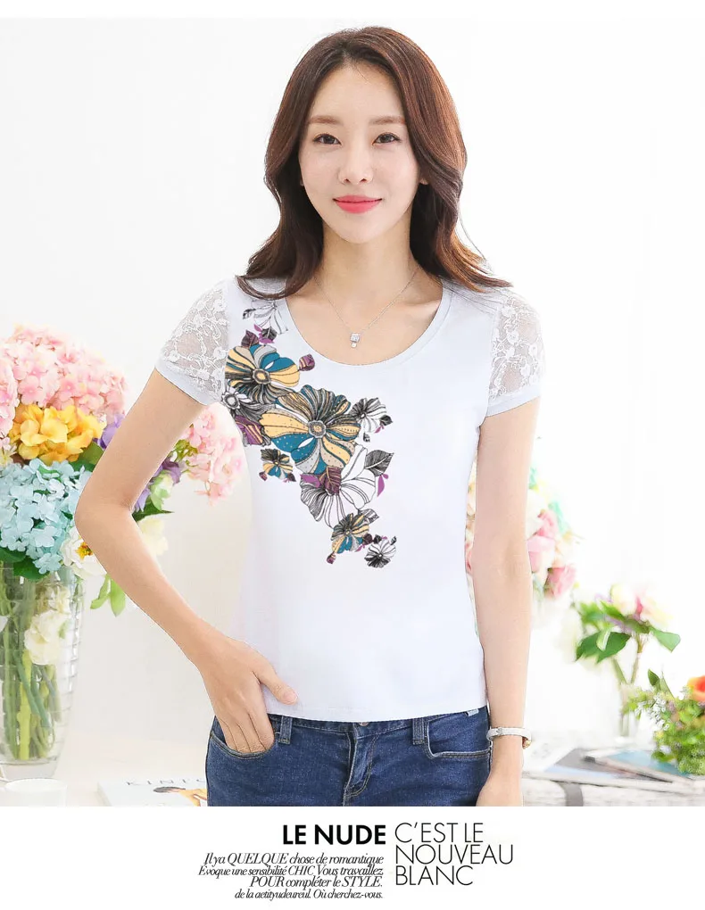 Camisetas verano mujer женские Стразы с коротким рукавом футболки женские топы с бриллиантами цветочный принт женские футболки Vetement Femme