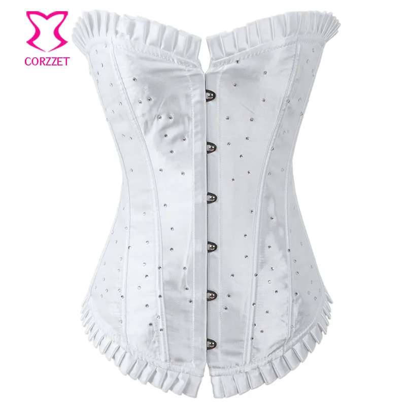 Ruffle Trim Satin со стразами Espartilhos корсет корсетные Overbust Белый Бюстье сексуальный готический свадебные корсеты и бюстье