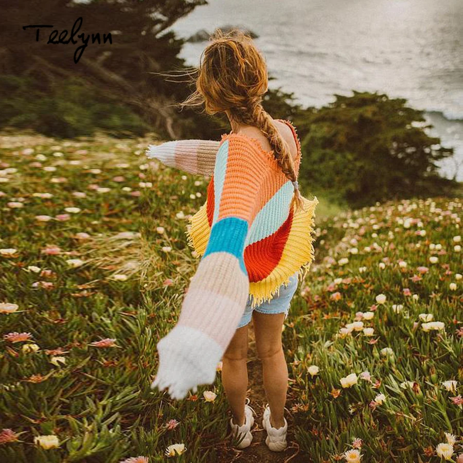 TEELYNN короткий свитер в стиле бохо 2020 осенний Цветной полосатый пуловер с длинным