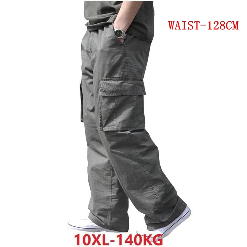 spring Men cargo cotton pants pocket large size big 8XL 10XL 9XL 140KG loose out door casual safari style pants black 46 48 50