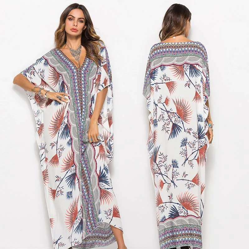Женское длинное летнее платье, богемный кафтан, Пляжное Цветочное платье с длинным рукавом, богемное Макси платье размера плюс - Color: CS2708-Style1