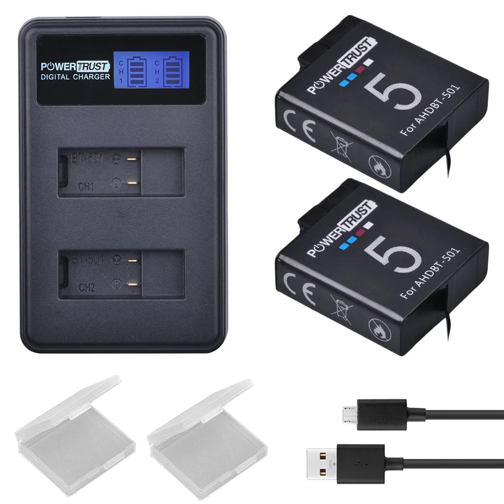 Аккумулятор PowerTrust для Gopro 7, Gopro 8, AHDBT-501, двойное зарядное устройство USB с ЖК-дисплеем для экшн-камеры Gopro hero 5, hero 6, Gopro 7 Аккумулятор PowerTrust для Gopro 7, Gopro 8, AHDBT-501, двойное зарядное устройство USB с ЖК-дисплеем для экшн-камеры Gopro hero 5, hero 6, Gopro 7