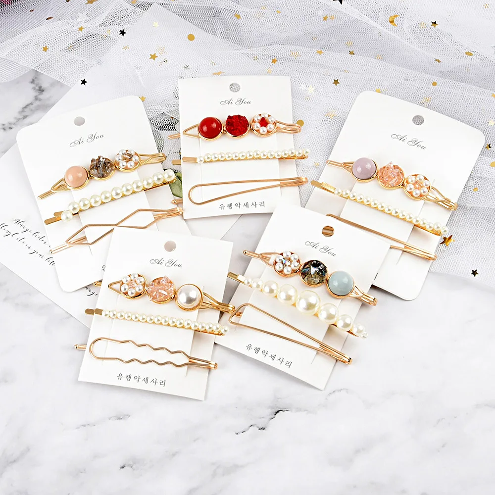 3шт./набор модных заколок с жемчугом для женщин и девочек геометрической формы из металла, корейские золотые шпильки для волос, баретки, аксессуары для красоты.