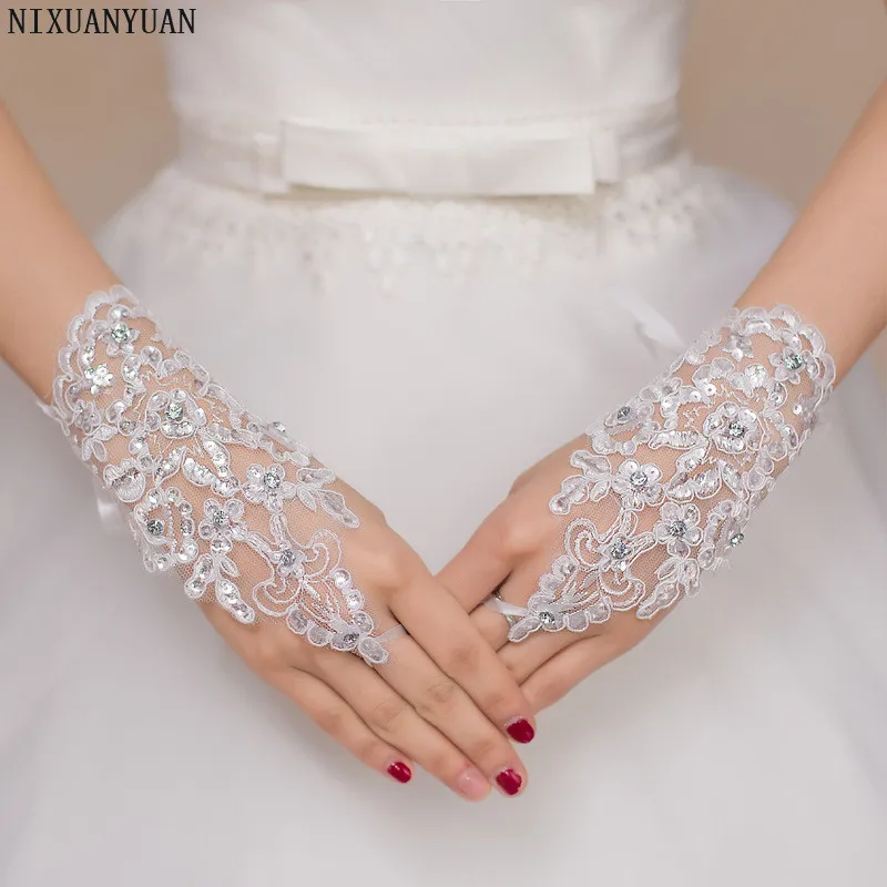 Elegant Beaded Lace Satin Short Bridal Gloves 2021 Fingerless Wedding White Ivory Accessories Veu De Noiva | Свадьбы и торжества