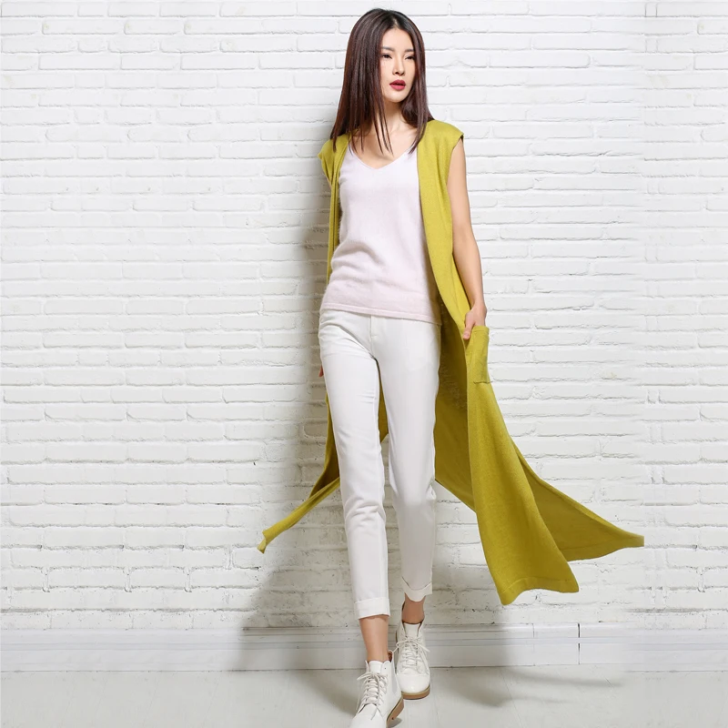 Женский длинный шерстяной жилет вязаный кардиган без рукавов с v образным