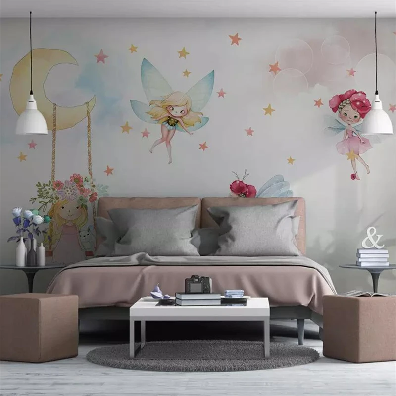beibehang Nordic modern minimalist hand-painted cute elf girl children's room background wall custom large mural green wallpaper |